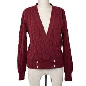 Vintage Cambridge Spirit Wool Surplice Cardigan Cable Knit Burgundy USA Loomed